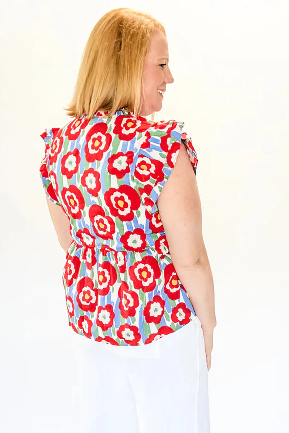 Red Plus Size Floral Print Ruffle Trim Split Neck Peplum Top sold by Beagle Boutique product image thumbnail 2