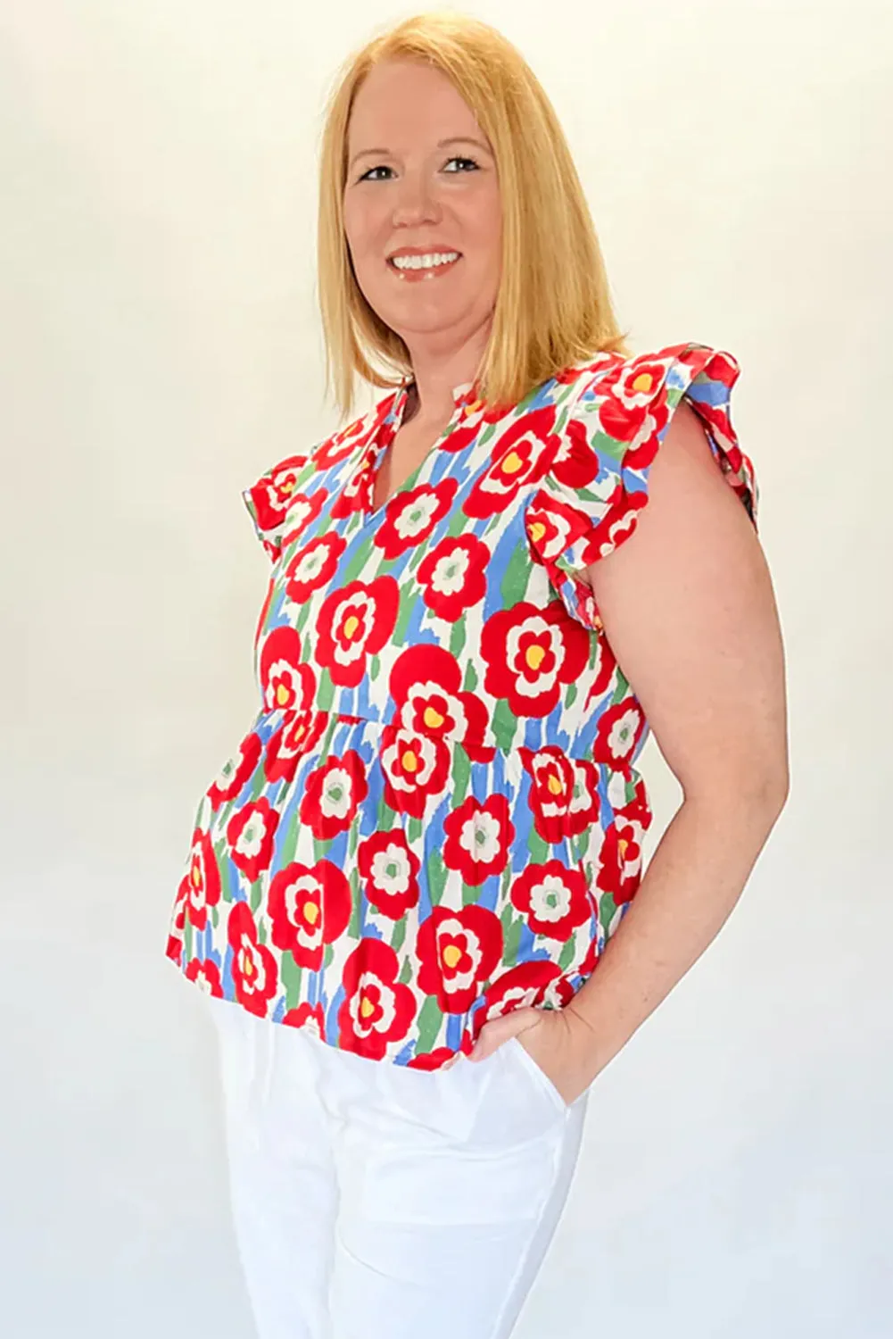 Red Plus Size Floral Print Ruffle Trim Split Neck Peplum Top sold by Beagle Boutique product image thumbnail 3