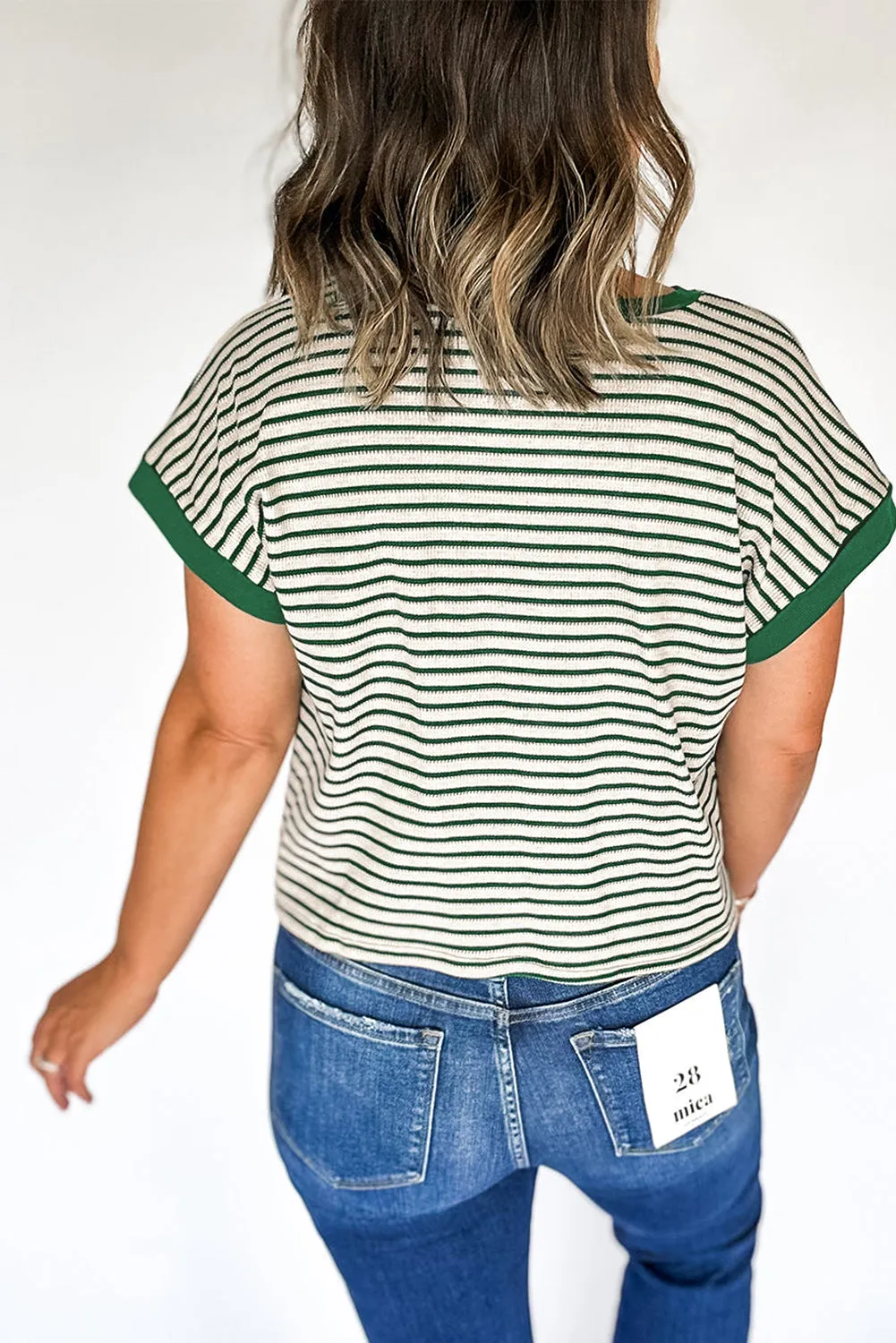 Green Stripe Trimmed Round Neck Plus Size Boxy Fit T-shirt sold by Beagle Boutique product image thumbnail 2