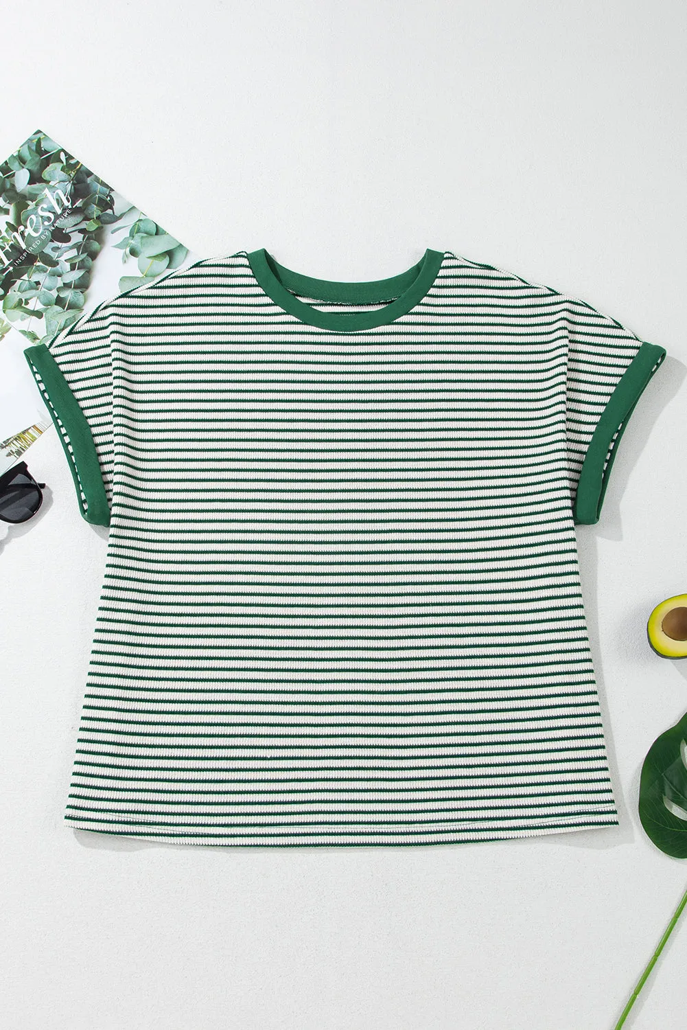 Green Stripe Trimmed Round Neck Plus Size Boxy Fit T-shirt sold by Beagle Boutique product image thumbnail 4
