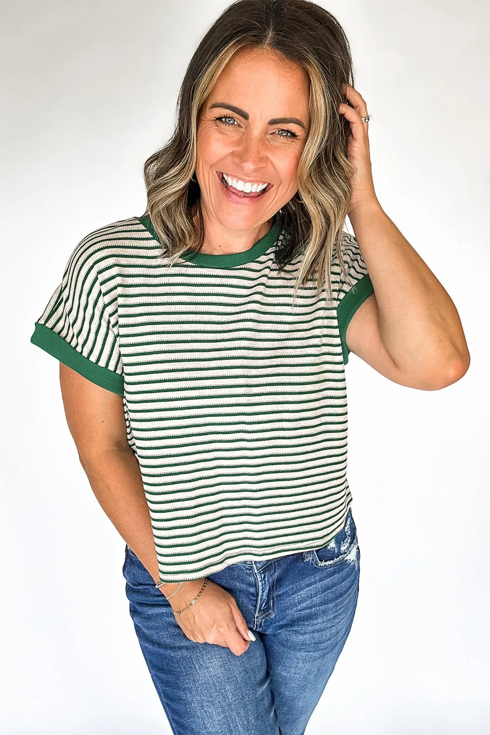 Green Stripe Trimmed Round Neck Plus Size Boxy Fit T-shirt sold by Beagle Boutique product image thumbnail 3