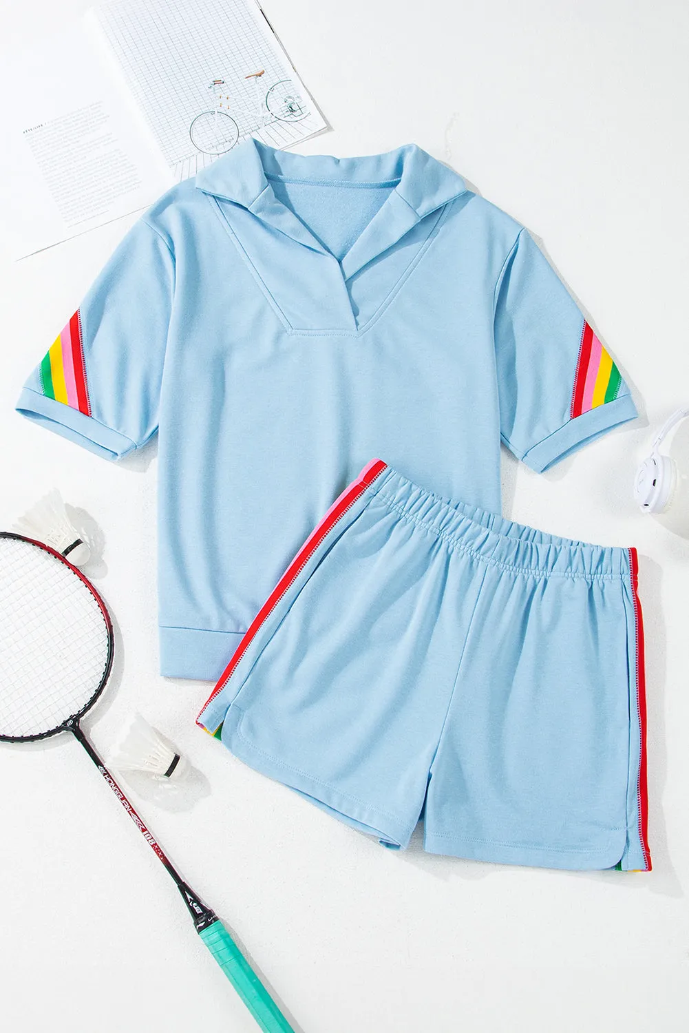 Sky Blue Rainbow Colourblock Collared Short Sleeve Top 2 Piece Shorts Set sold by Beagle Boutique product image thumbnail 4