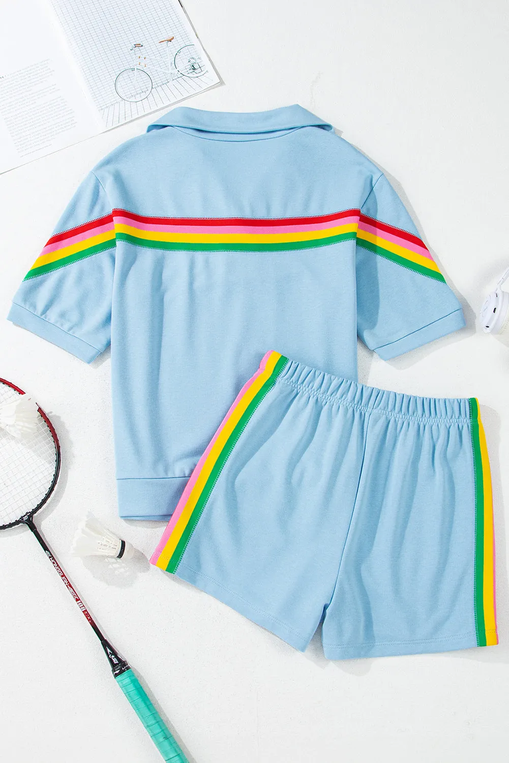 Sky Blue Rainbow Colourblock Collared Short Sleeve Top 2 Piece Shorts Set sold by Beagle Boutique product image thumbnail 5