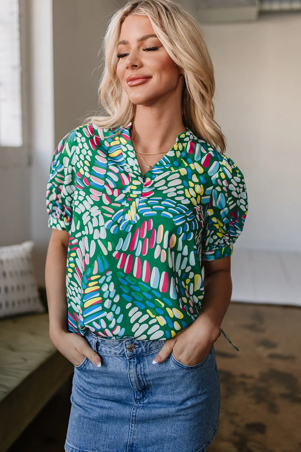 Green Brushwork Geometric Print Puff Sleeve Notched Neck Blouse sold by Beagle Boutique product image thumbnail 4