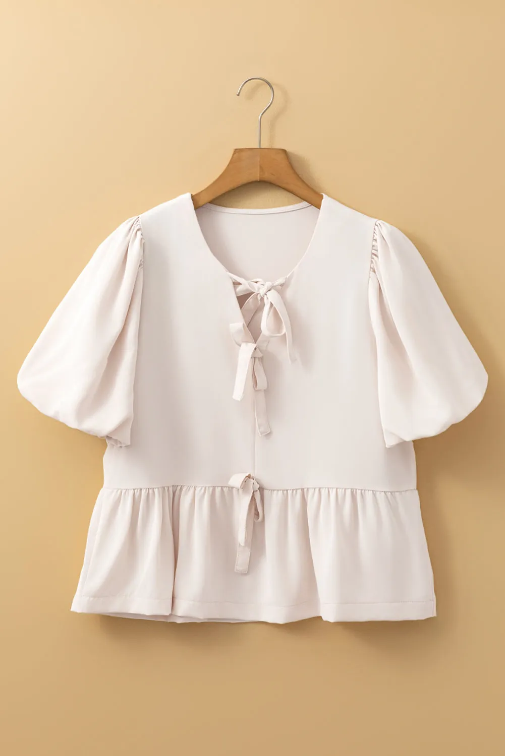 White Bow Tie Short Puff Sleeve Ruffle Hem Blouse sold by Beagle Boutique product image thumbnail 4