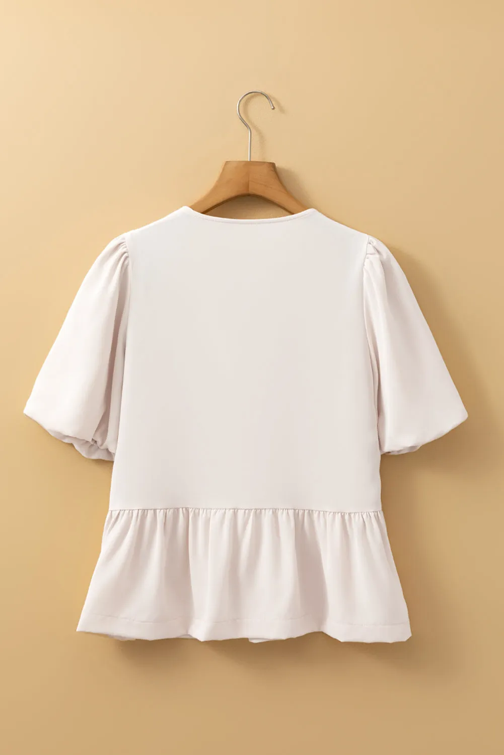 White Bow Tie Short Puff Sleeve Ruffle Hem Blouse sold by Beagle Boutique product image thumbnail 5