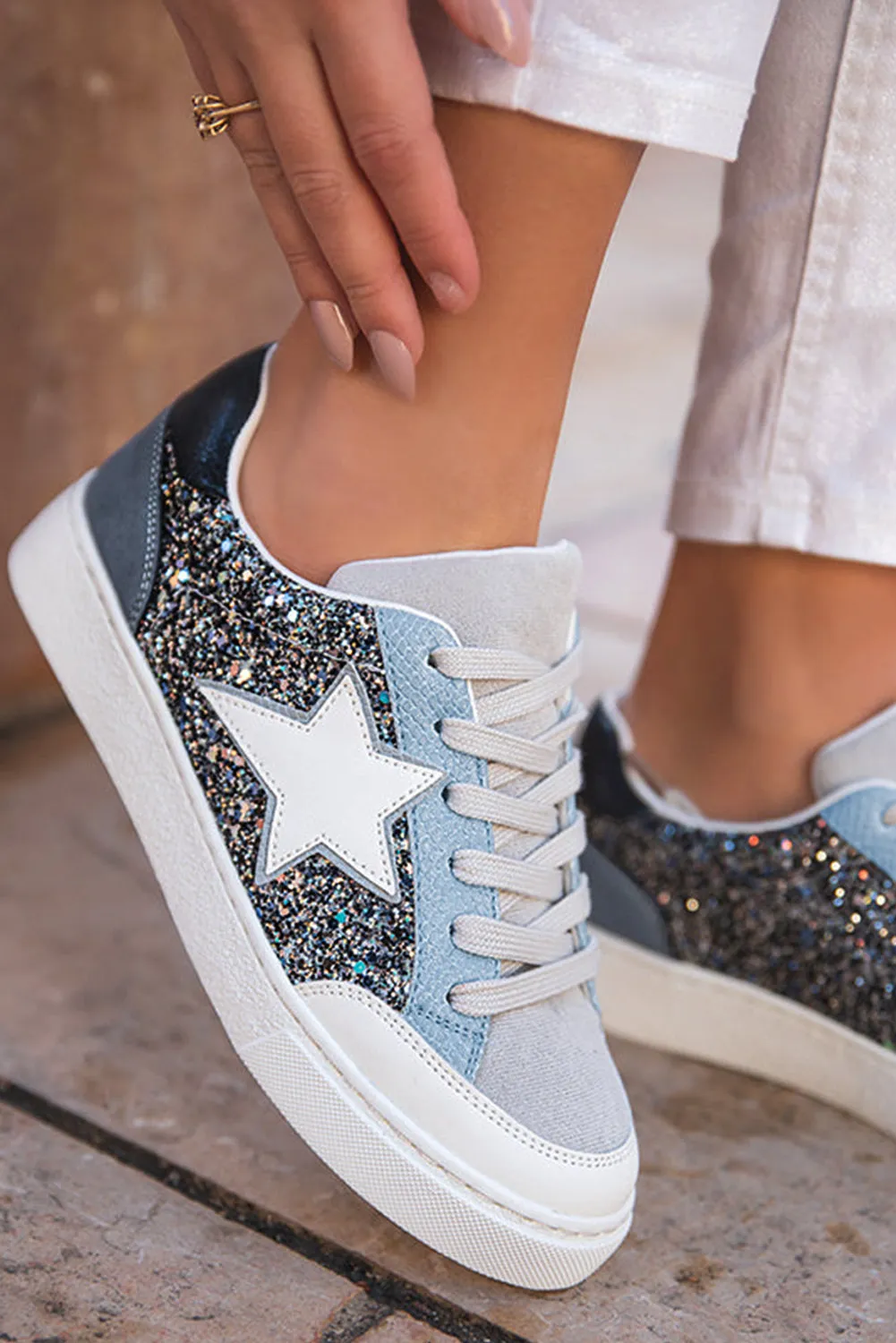 Buckskin Silver Sequin Star Patch Lace Up Trainers sold by Beagle Boutique product image thumbnail 4