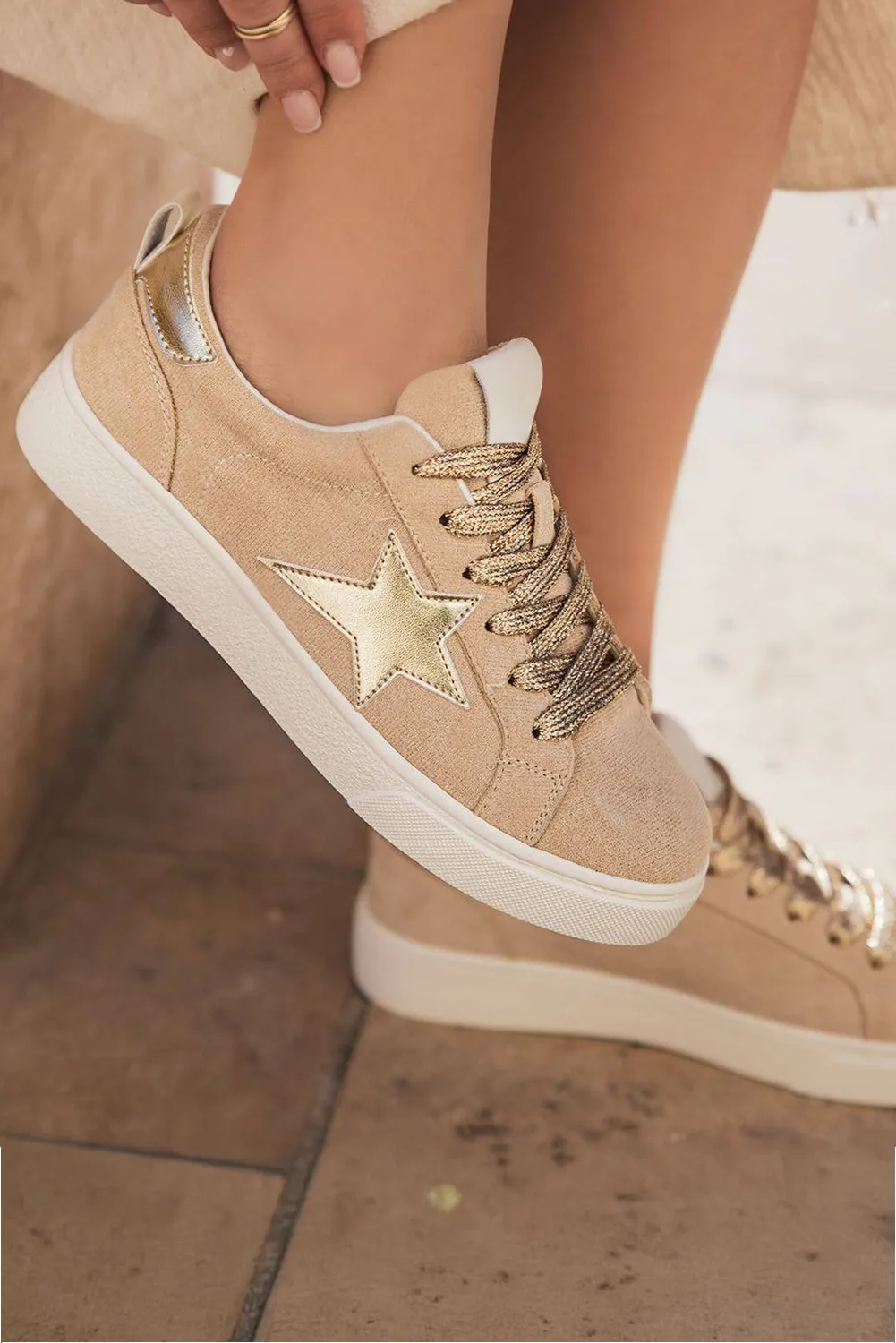 Buckskin Silver Sequin Star Patch Lace Up Trainers sold by Beagle Boutique