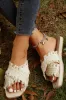 Beige Tassel Woven Crossed Straps Flat Sandals sold by Beagle Boutique