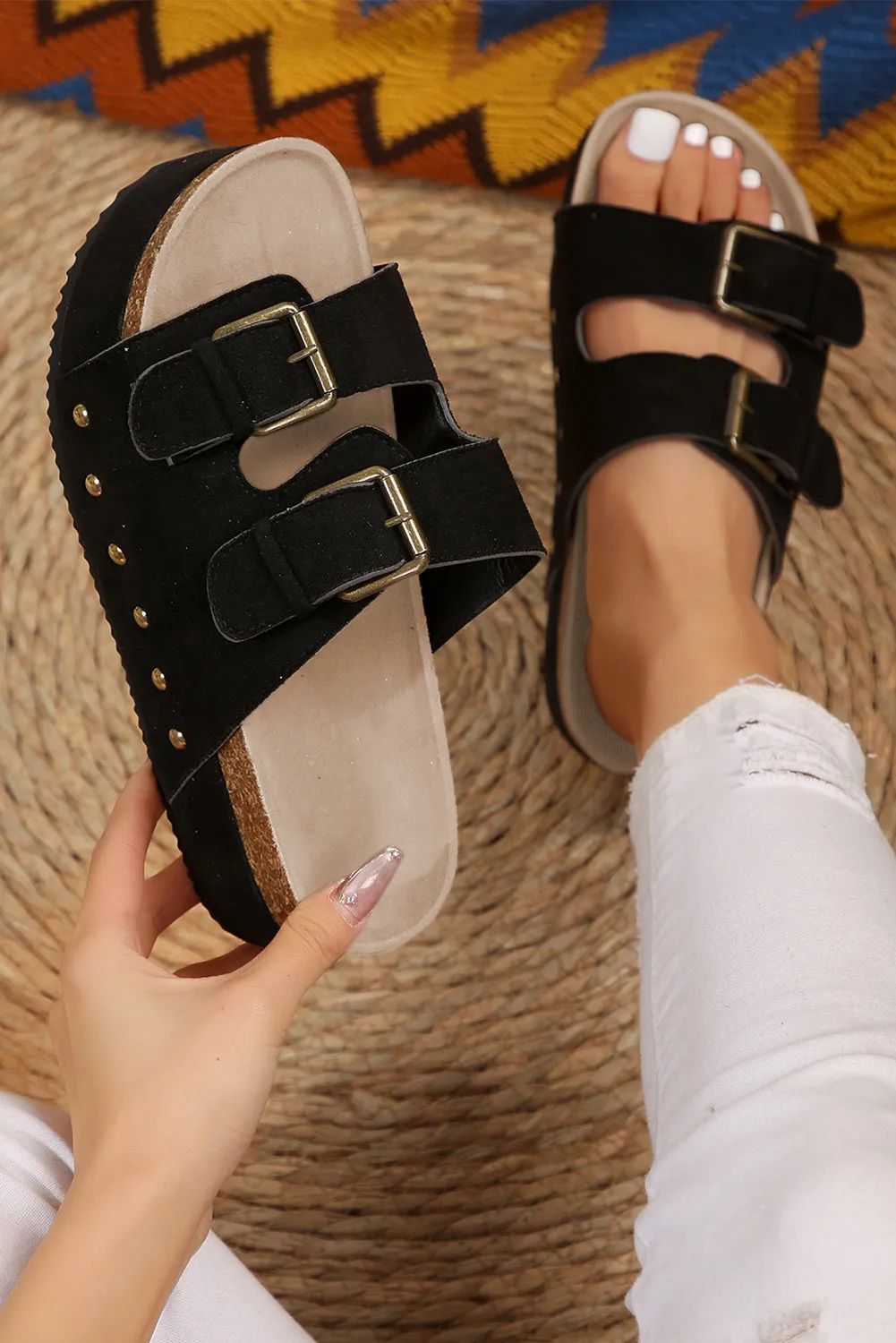Black Suede Buckle Decor Footbed Sandal Sandals sold by Beagle Boutique product image thumbnail 2
