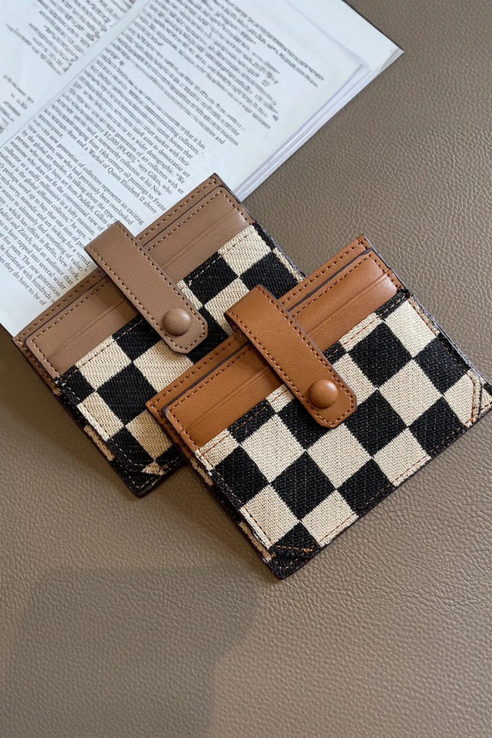 Coffee Leather Checkered Canvas Patchwork Card Wallet sold by Beagle Boutique product image thumbnail 5