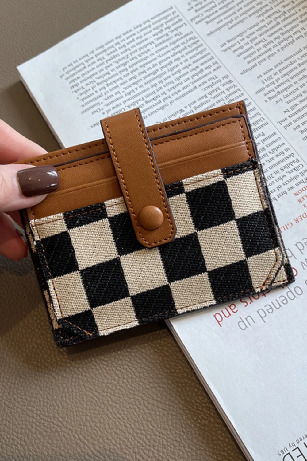 Coffee Leather Checkered Canvas Patchwork Card Wallet sold by Beagle Boutique
