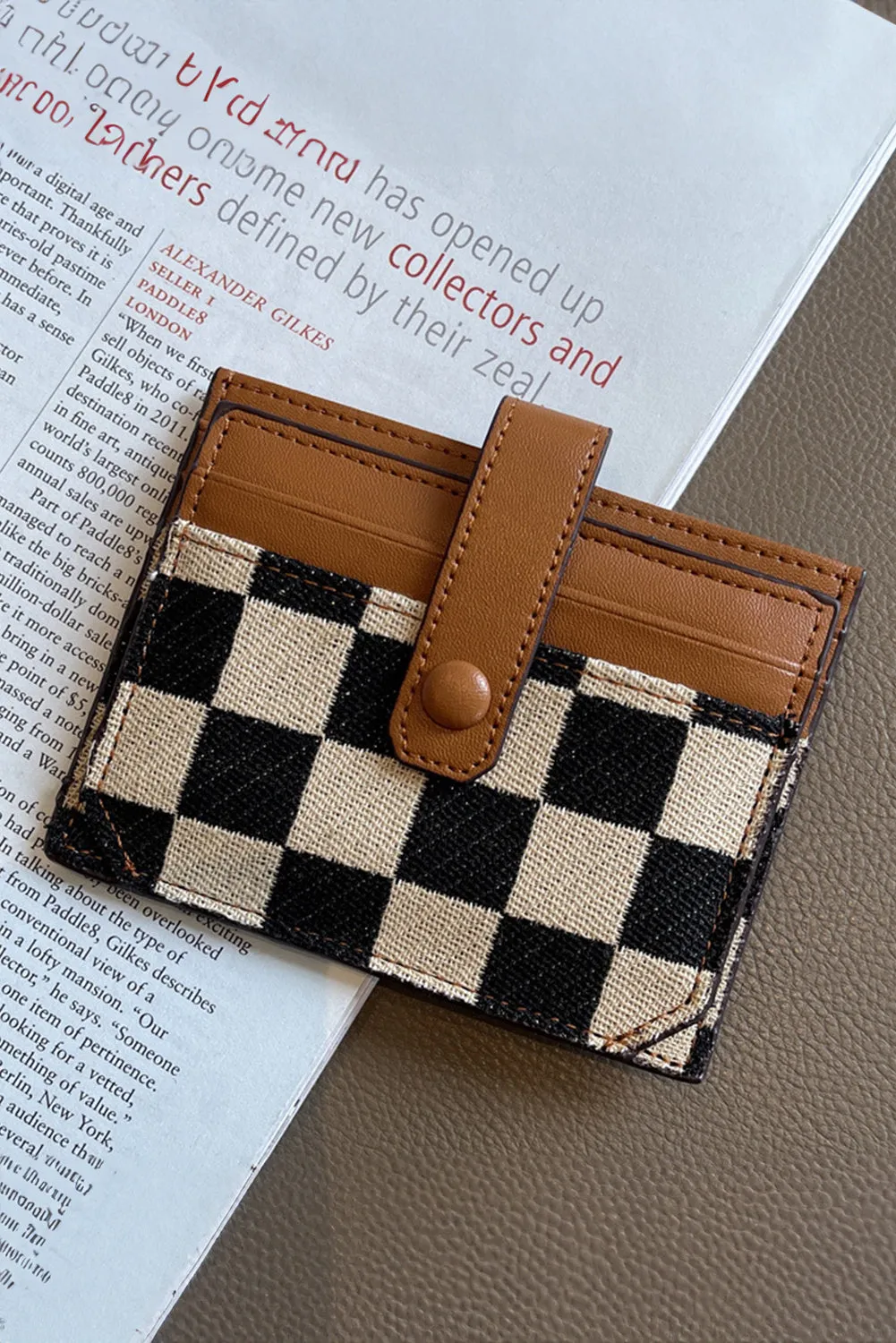 Coffee Leather Checkered Canvas Patchwork Card Wallet sold by Beagle Boutique product image thumbnail 4