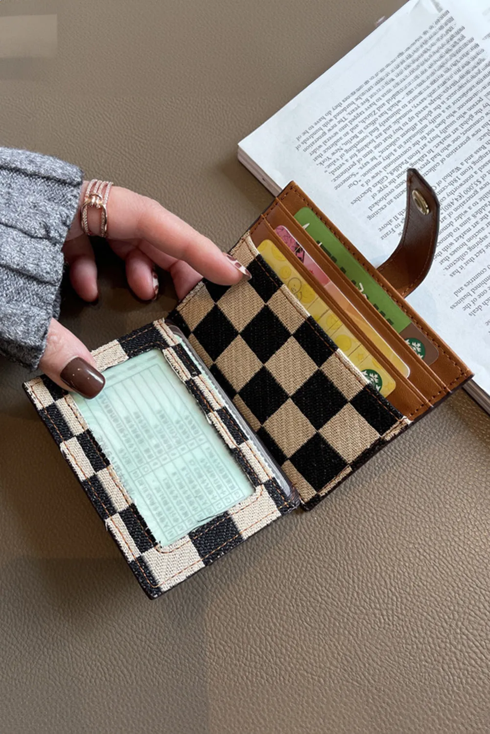 Coffee Leather Checkered Canvas Patchwork Card Wallet sold by Beagle Boutique product image thumbnail 3