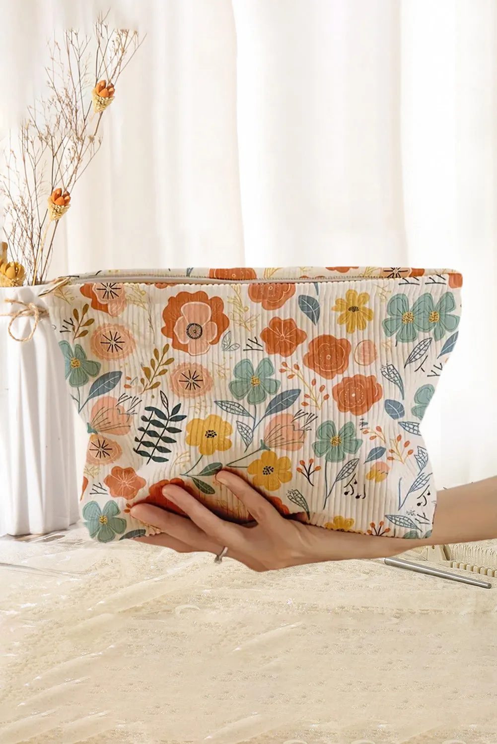 White Floral Corduroy Makeup Bag sold by Beagle Boutique product image thumbnail 3