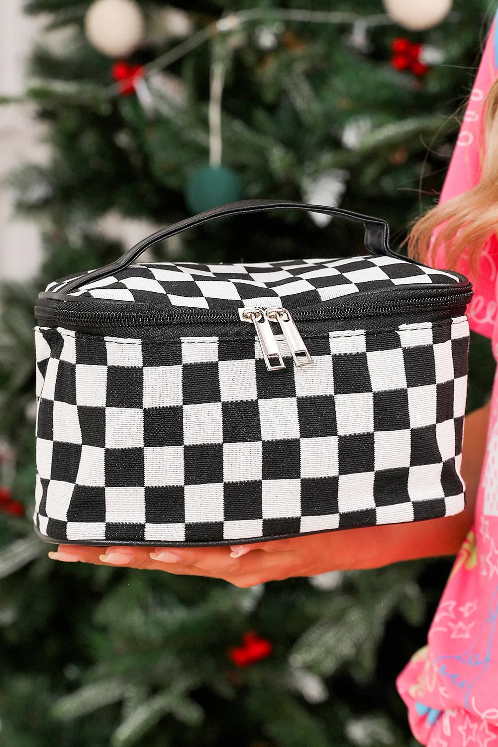 Black Checkered Zipper Large Cosmetic Bag with Handle sold by Beagle Boutique product image thumbnail 4