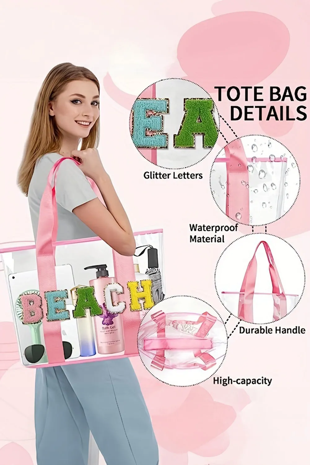 Pink BEACH Chenille Letter Patched Transparent Tote Bag sold by Beagle Boutique
