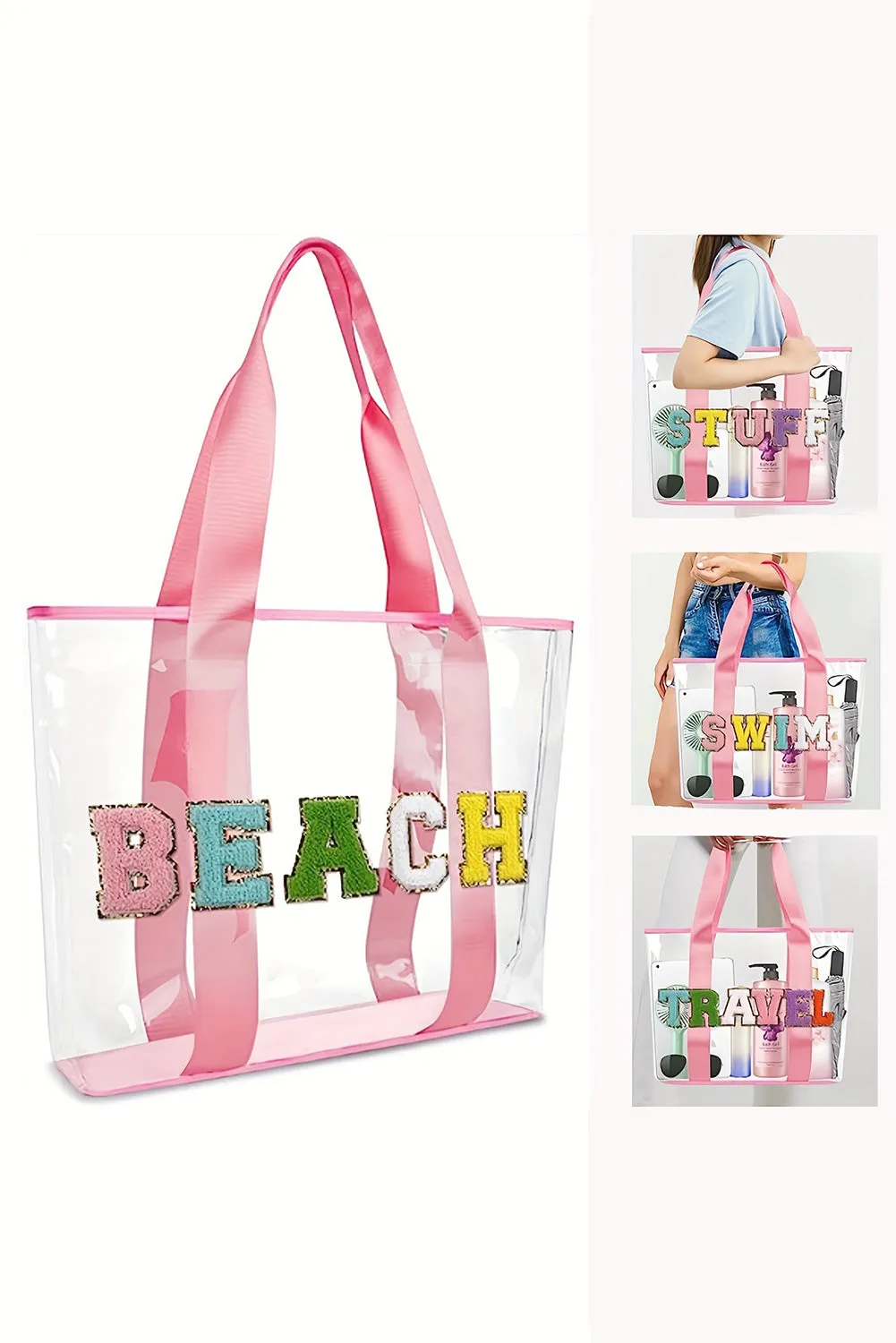Pink BEACH Chenille Letter Patched Transparent Tote Bag sold by Beagle Boutique product image thumbnail 3