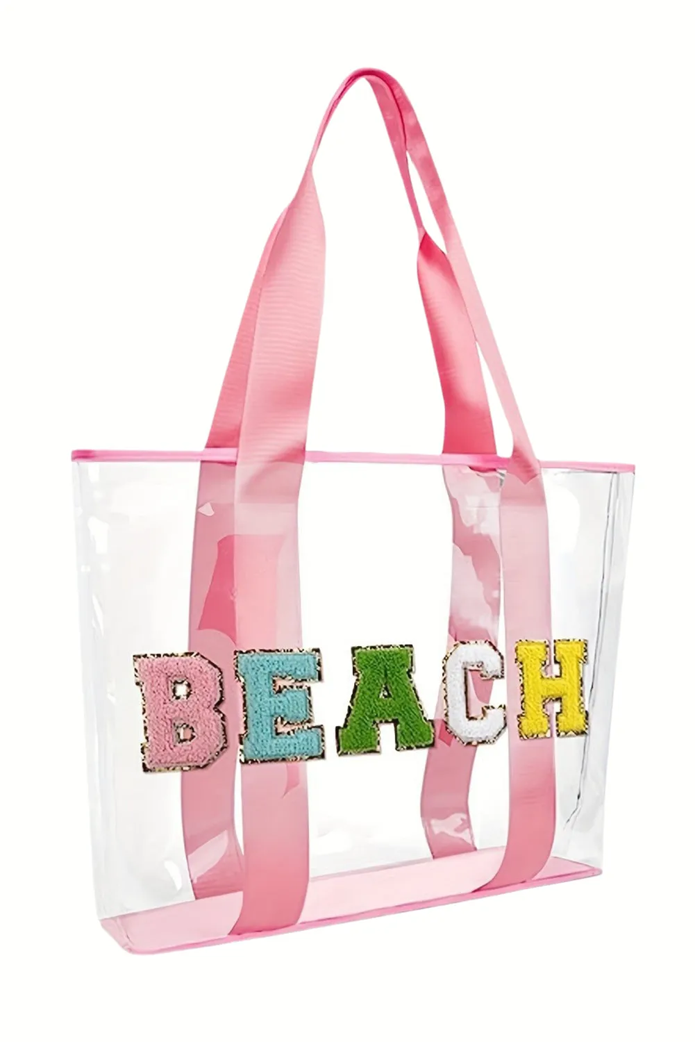 Pink BEACH Chenille Letter Patched Transparent Tote Bag sold by Beagle Boutique product image thumbnail 2