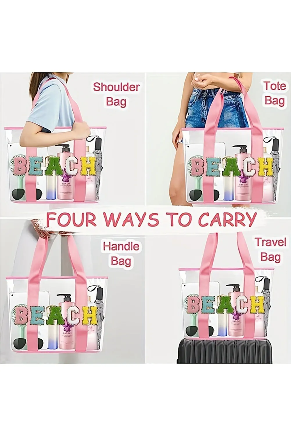 Pink BEACH Chenille Letter Patched Transparent Tote Bag sold by Beagle Boutique product image thumbnail 5