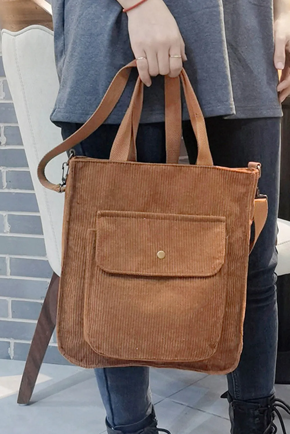 Chestnut Detachable Shoulder Strap Versatile Corduroy Tote Bag sold by Beagle Boutique