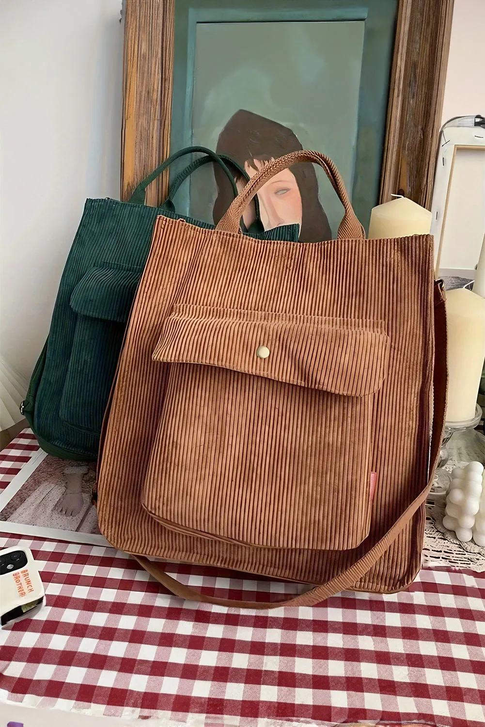 Chestnut Detachable Shoulder Strap Versatile Corduroy Tote Bag sold by Beagle Boutique product image thumbnail 4