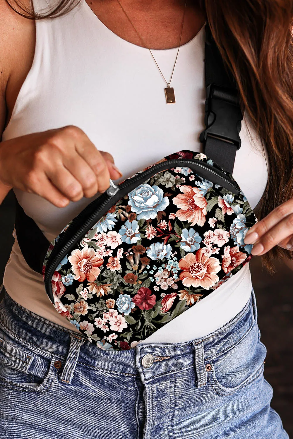 Black Floral Zipper Crossbody Bag sold by Beagle Boutique product image thumbnail 5