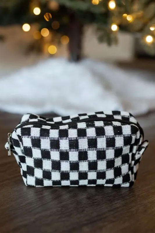 Black Checkered Knitted Zipper Makeup Bag sold by Beagle Boutique