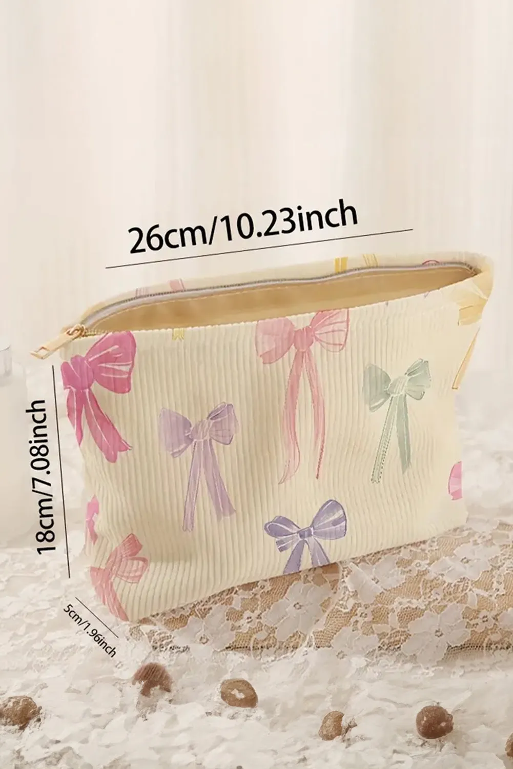 Beige Bow Print Corduroy Makeup Bag sold by Beagle Boutique product image thumbnail 5