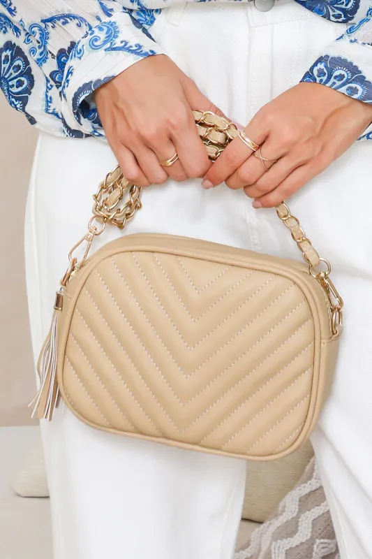 Oatmeal Chevron Stitch PU Leather Chain Strap Shoulder Bag sold by Beagle Boutique