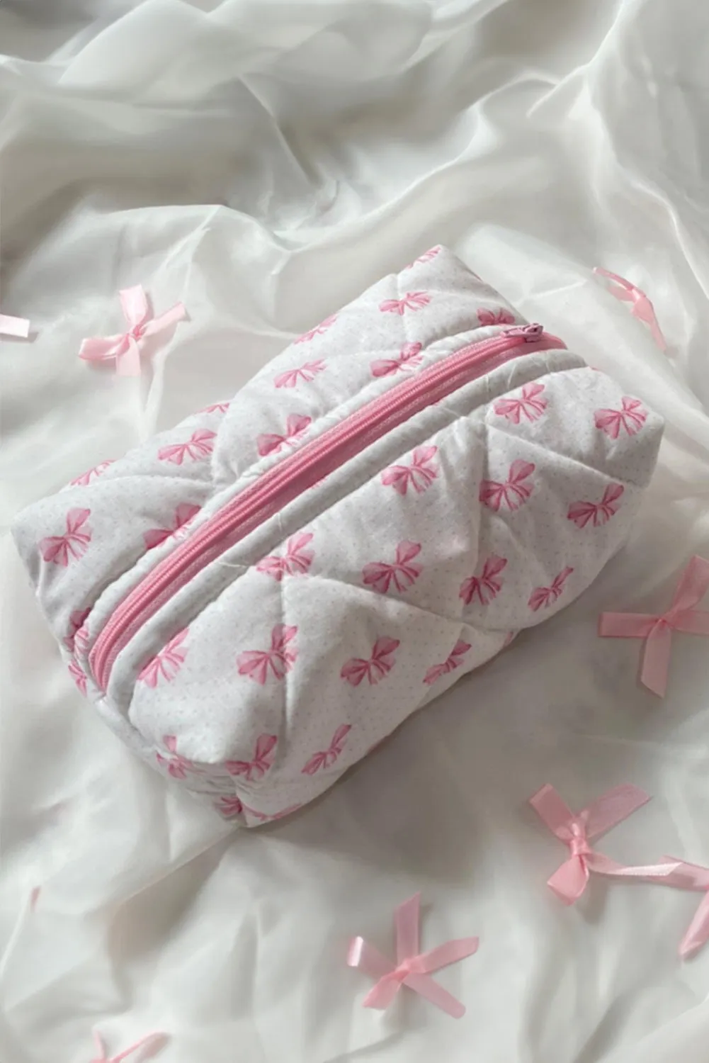 Pink Bow Knot Quilted Zipper Makeup Bag sold by Beagle Boutique