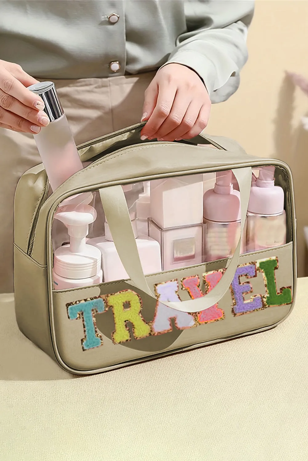 Parchment TRAVEL Letter Print Clear PVC Makeup Bag sold by Beagle Boutique