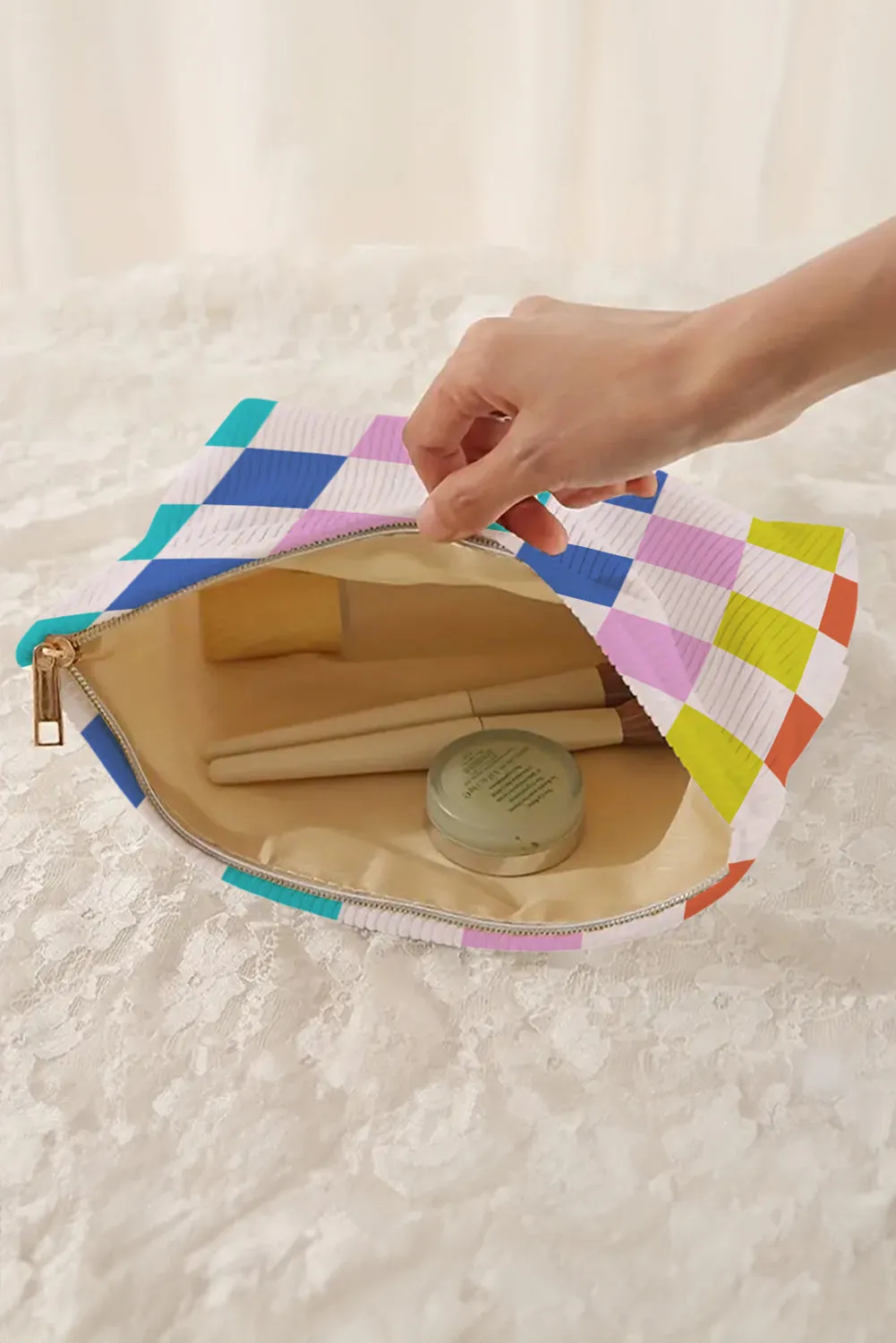 Pink Checkered Corduroy Zipper Makeup Bag sold by Beagle Boutique product image thumbnail 4