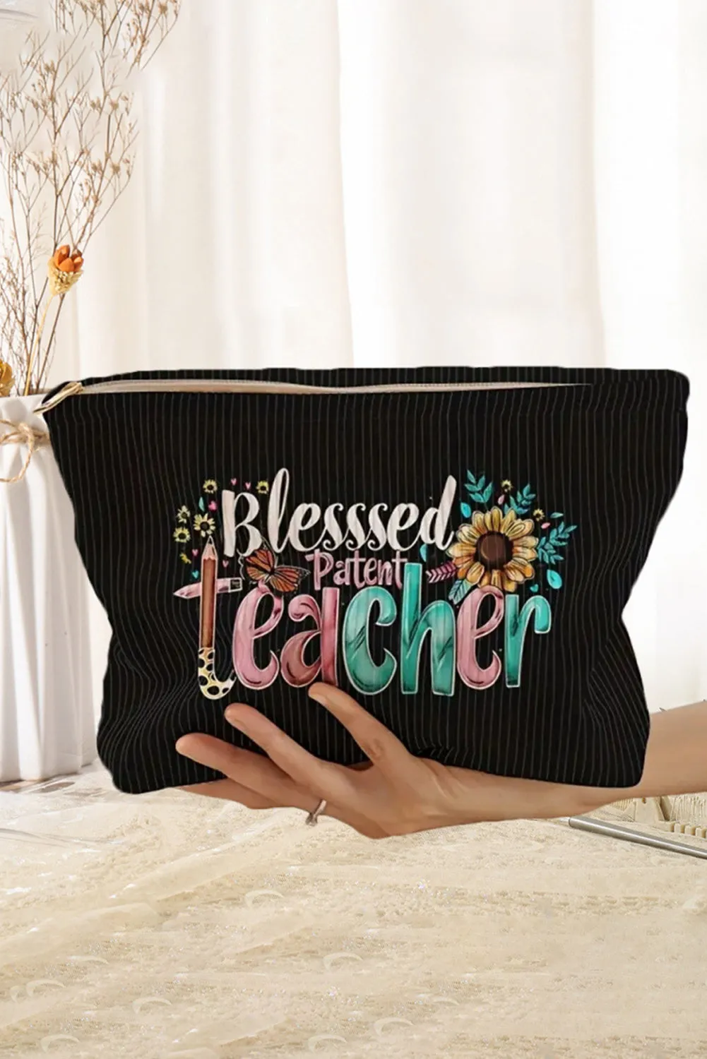 Black Blessed Teacher Slogan Corduroy Makeup Bag sold by Beagle Boutique
