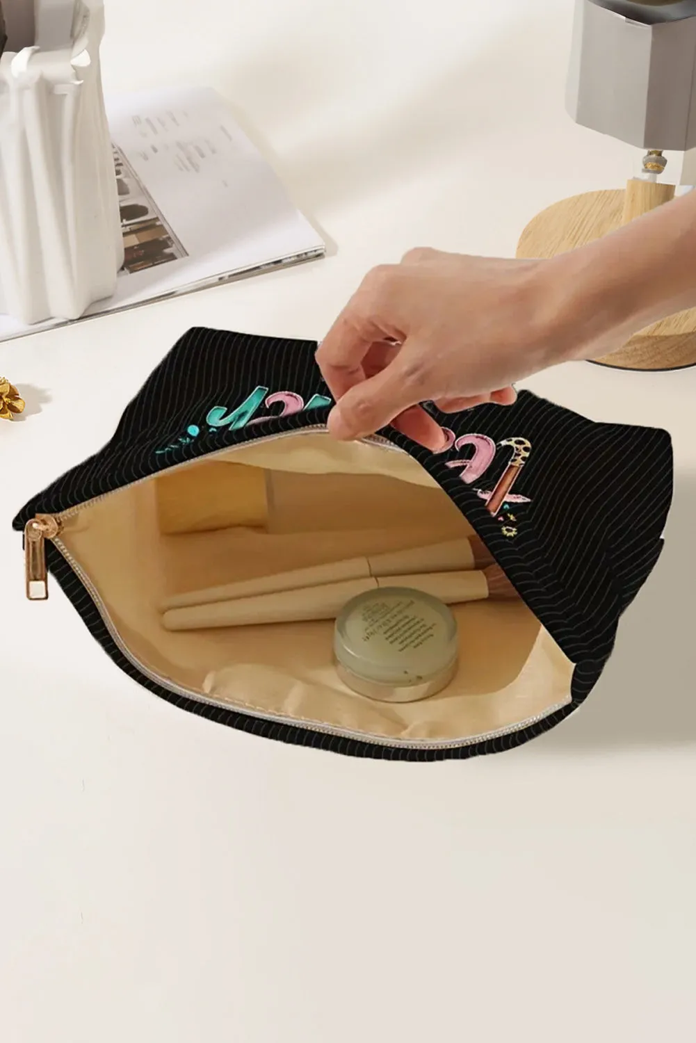 Black Blessed Teacher Slogan Corduroy Makeup Bag sold by Beagle Boutique product image thumbnail 4