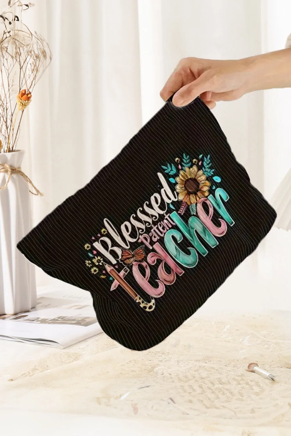 Black Blessed Teacher Slogan Corduroy Makeup Bag sold by Beagle Boutique product image thumbnail 2