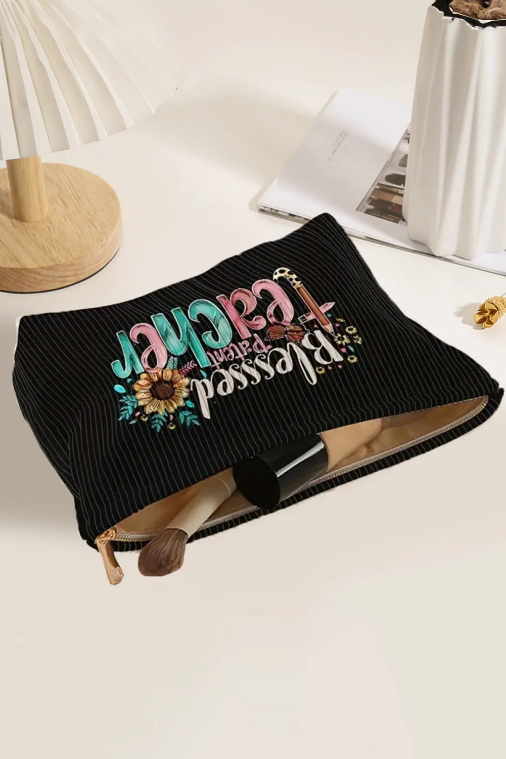 Black Blessed Teacher Slogan Corduroy Makeup Bag sold by Beagle Boutique product image thumbnail 3