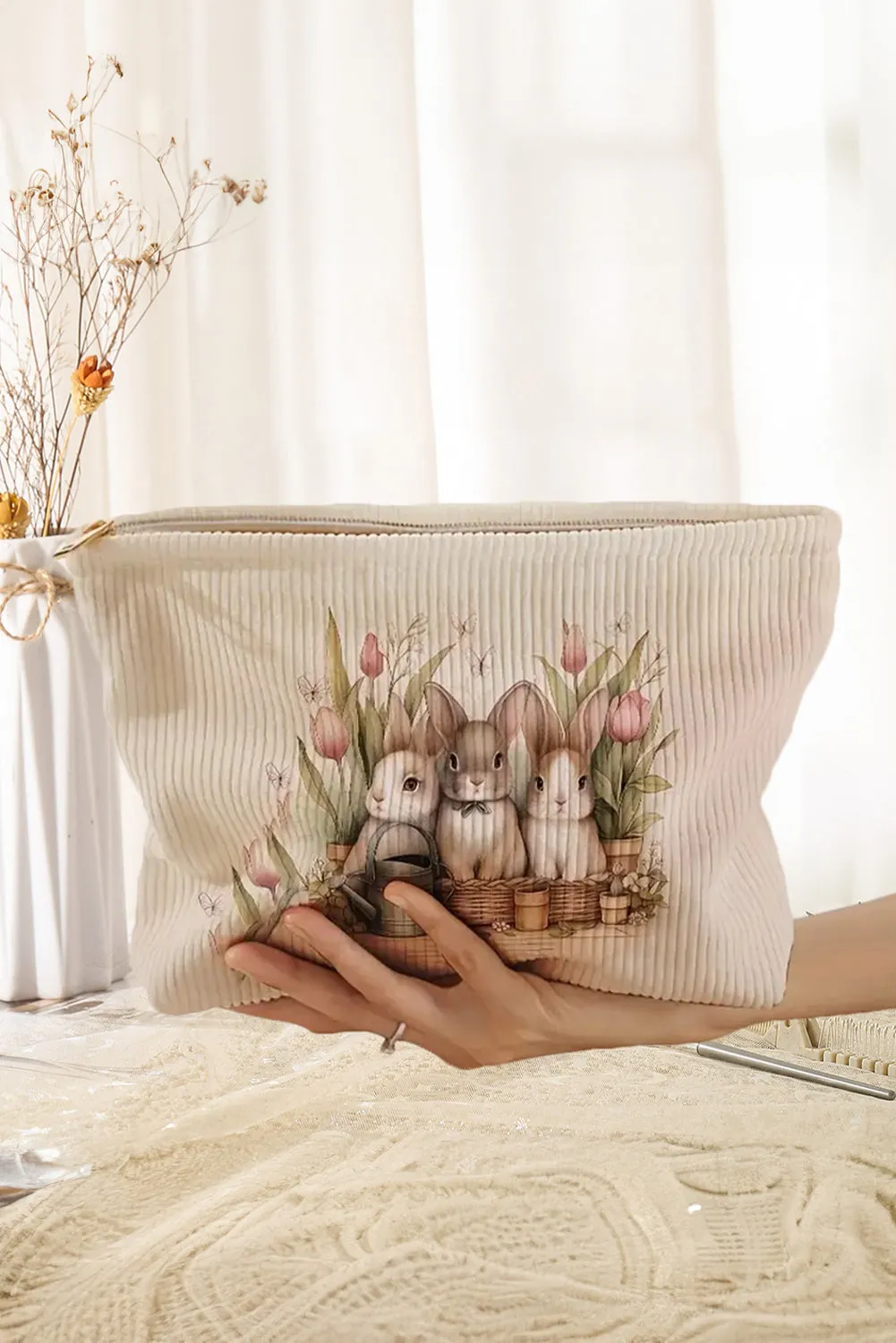 White Easter Bunny Graphic Corduroy Makeup Bag sold by Beagle Boutique product image thumbnail 2