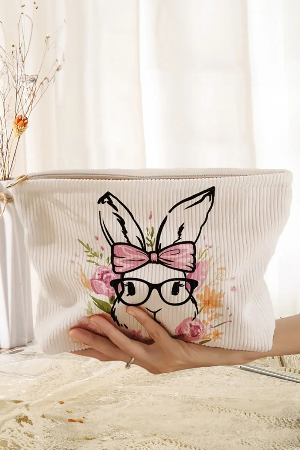 White Easter Bunny Graphic Corduroy Makeup Bag sold by Beagle Boutique