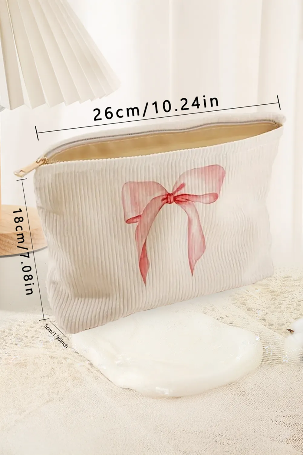Light Pink Bow Zipper Corduroy Makeup Bag sold by Beagle Boutique product image thumbnail 5