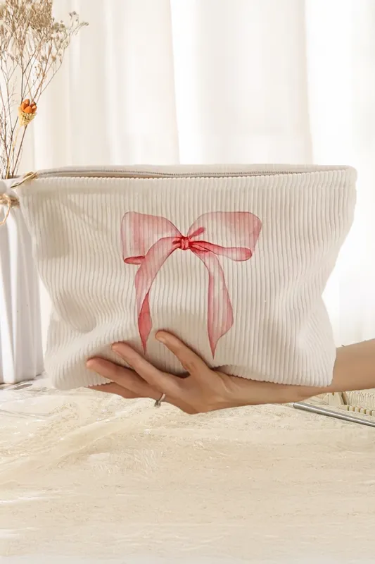 Light Pink Bow Zipper Corduroy Makeup Bag sold by Beagle Boutique