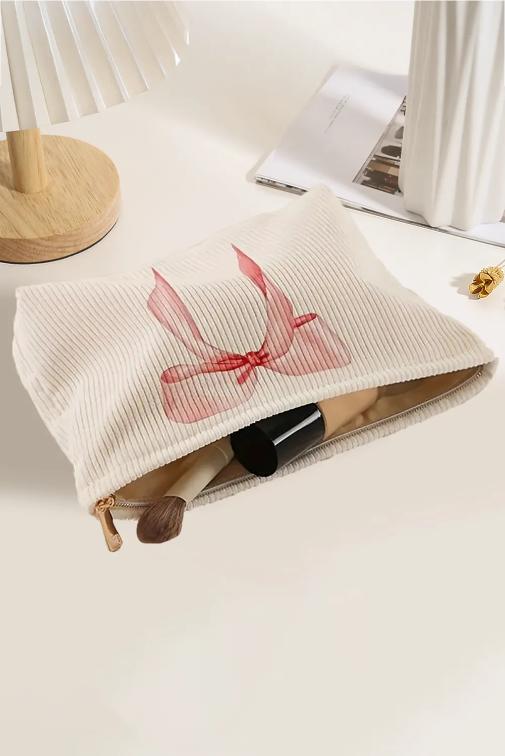 Light Pink Bow Zipper Corduroy Makeup Bag sold by Beagle Boutique product image thumbnail 3