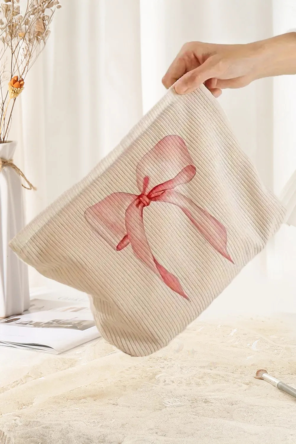 Light Pink Bow Zipper Corduroy Makeup Bag sold by Beagle Boutique product image thumbnail 2