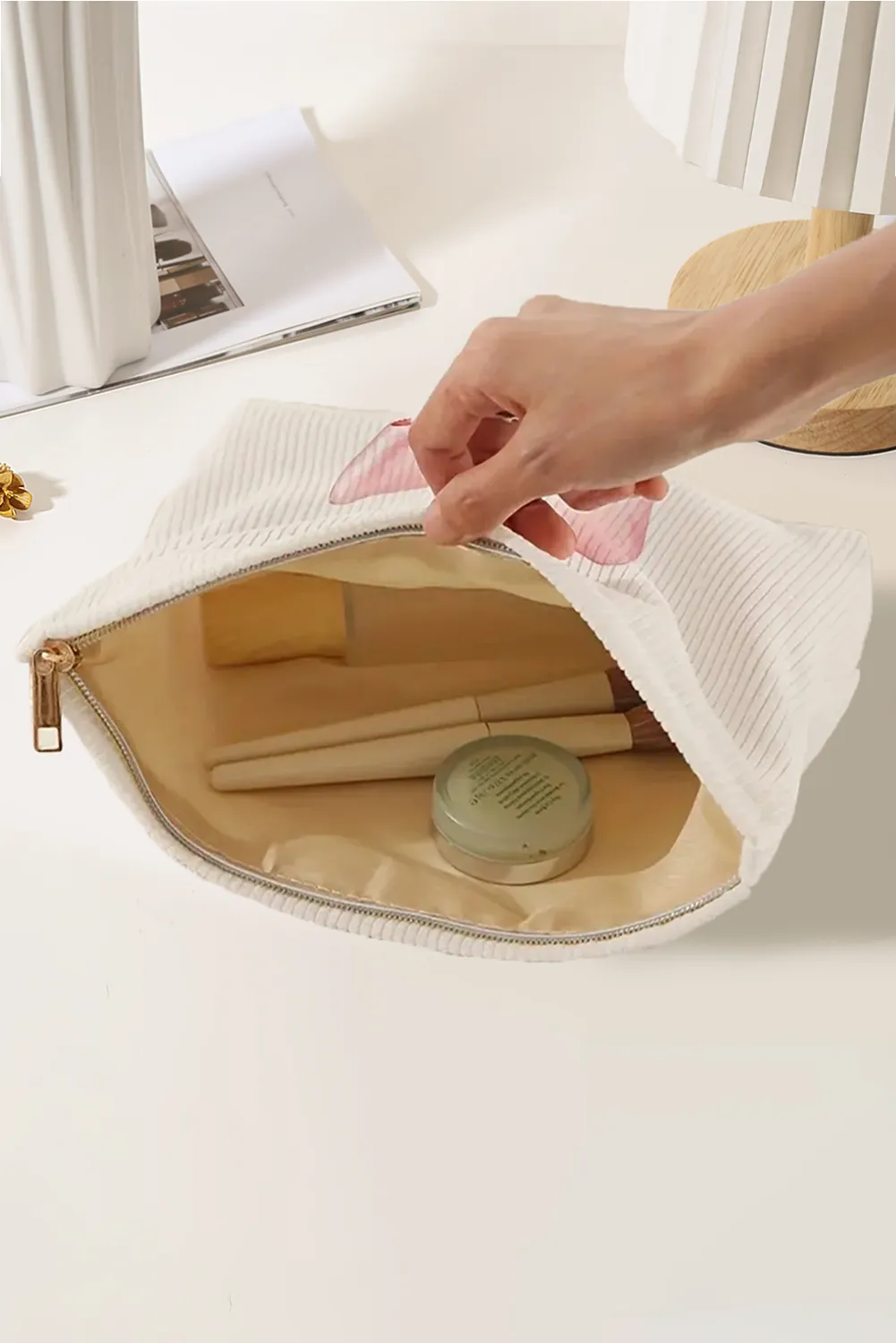 Light Pink Bow Zipper Corduroy Makeup Bag sold by Beagle Boutique product image thumbnail 4