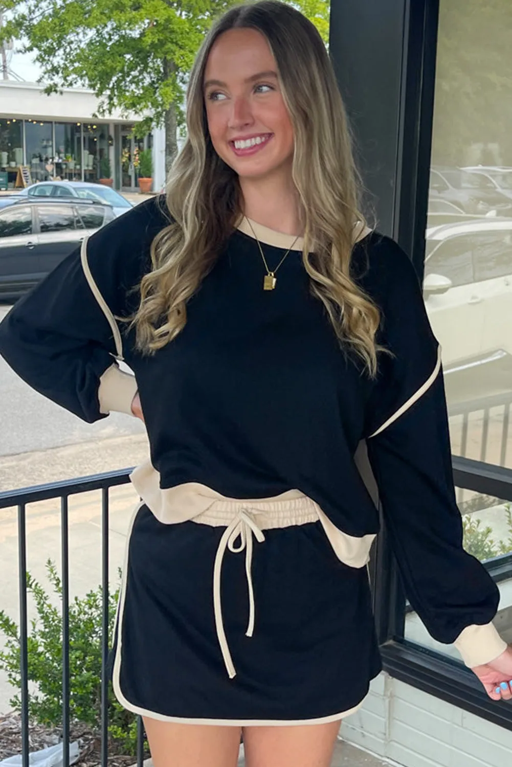 Black Colour Contrast Loose Pullover and Lace-up Waist Skort Set sold by Beagle Boutique product image thumbnail 3