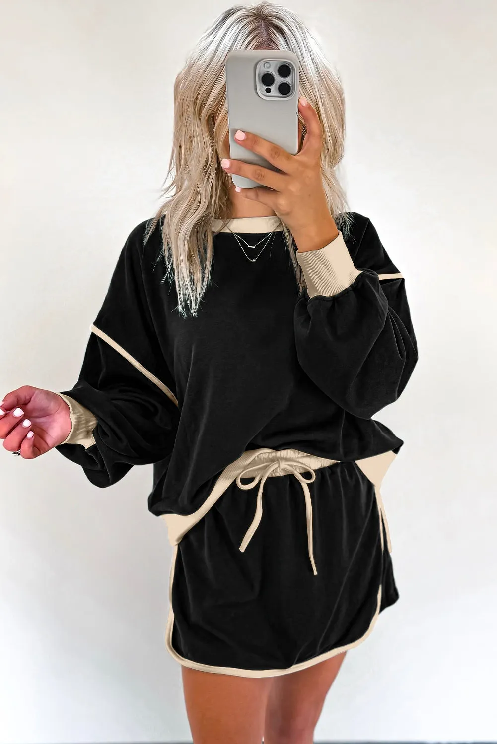 Black Colour Contrast Loose Pullover and Lace-up Waist Skort Set sold by Beagle Boutique product image thumbnail 5