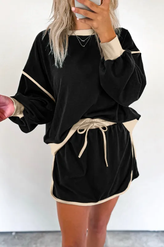 Black Colour Contrast Loose Pullover and Lace-up Waist Skort Set sold by Beagle Boutique