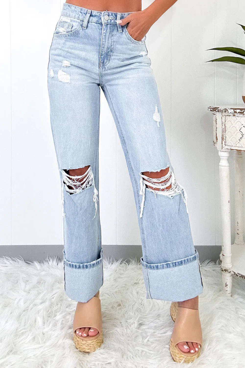 Beau Blue Light Wash Distressed Flare Jeans sold by Beagle Boutique