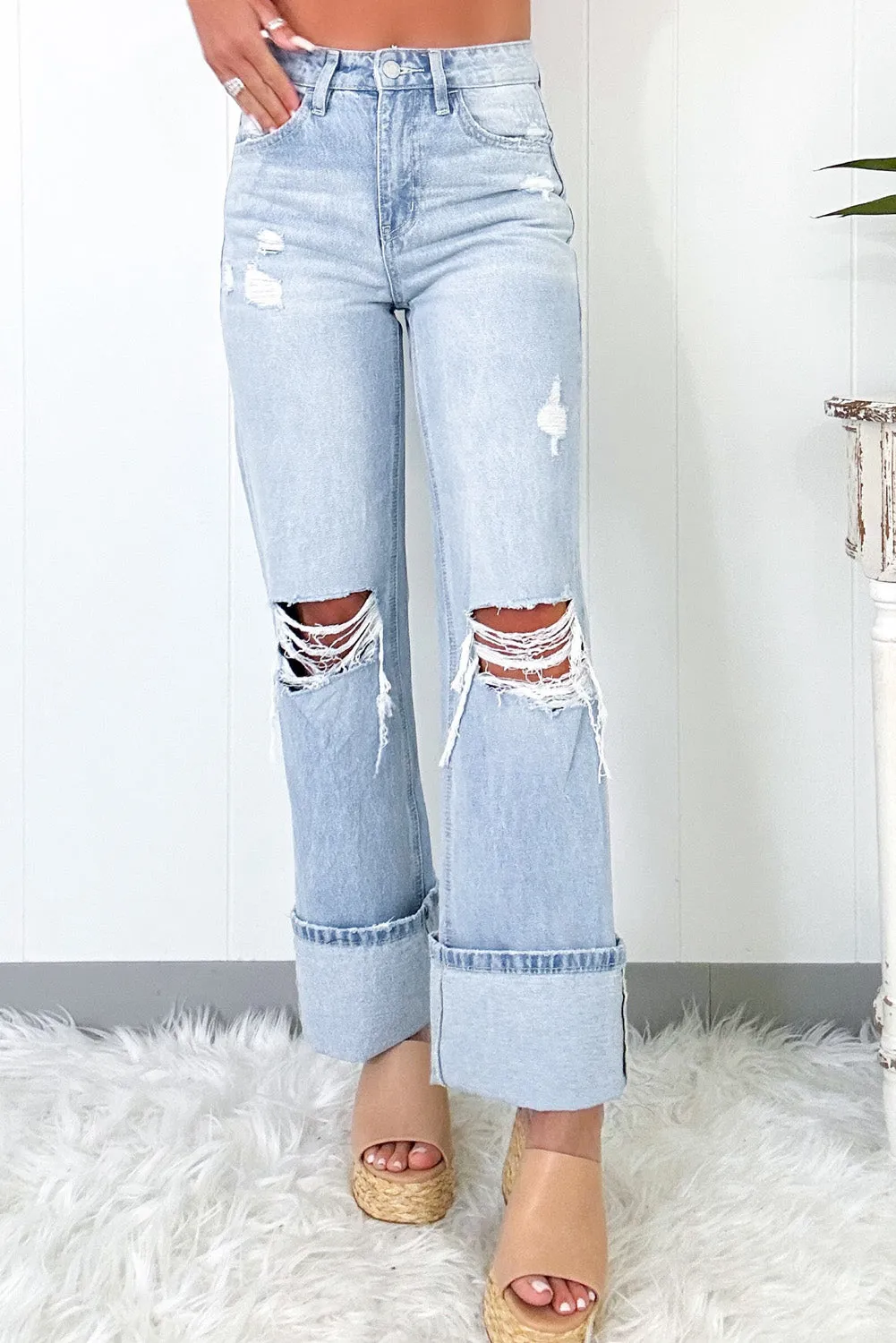 Beau Blue Light Wash Distressed Flare Jeans sold by Beagle Boutique product image thumbnail 3