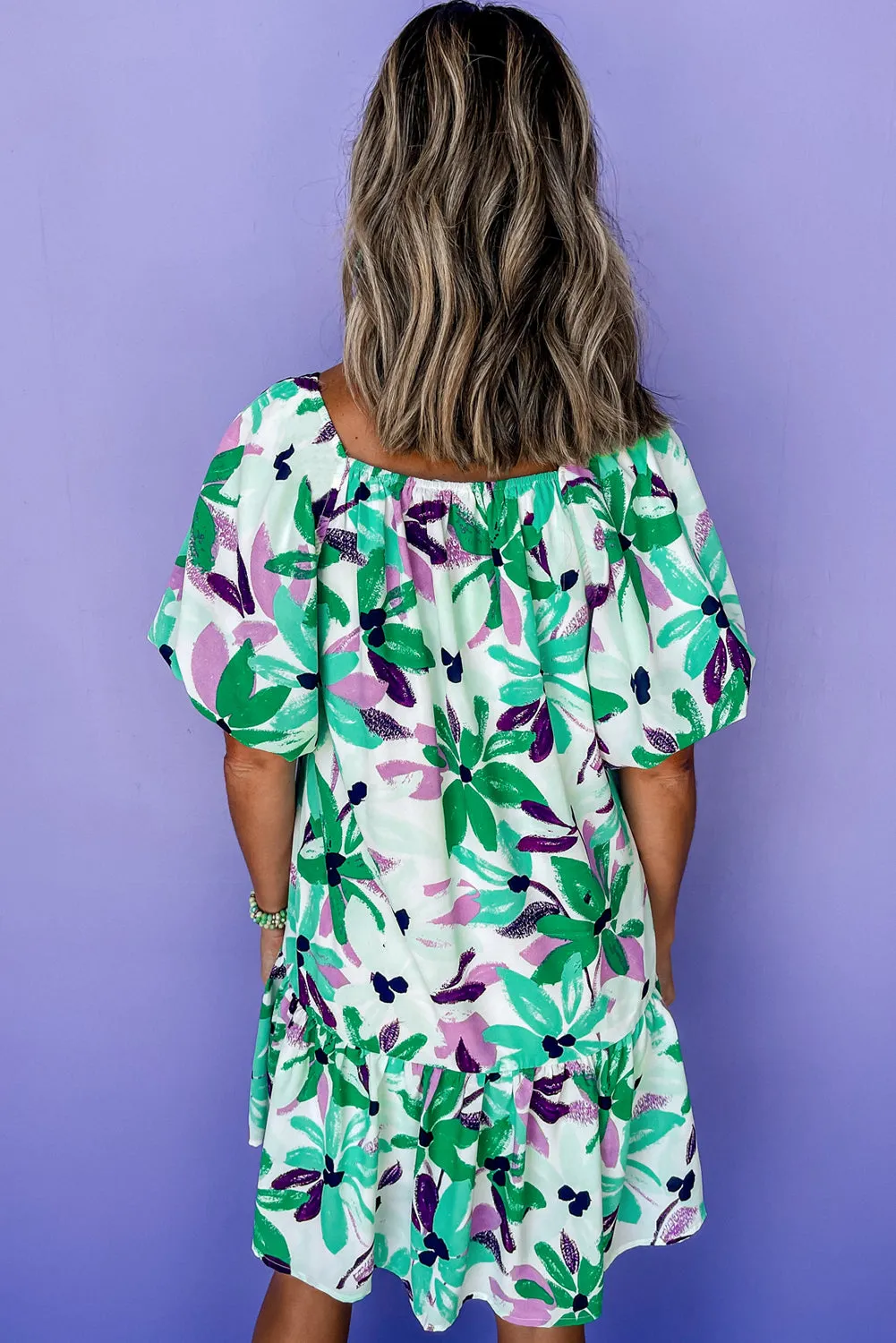 Green Floral Print Shirred Square Neck Loose Fit Mini Dress sold by Beagle Boutique product image thumbnail 2